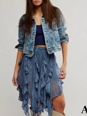 Free People Suzanna Ruffled Asymmetrical Skirt in Dark Denim Blue Size XS